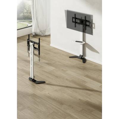 Twee tv-standaards op een houten vloer; een is wit, de andere zwart. Beide hebben schermbevestigingen en staan in een lichte ruimte.