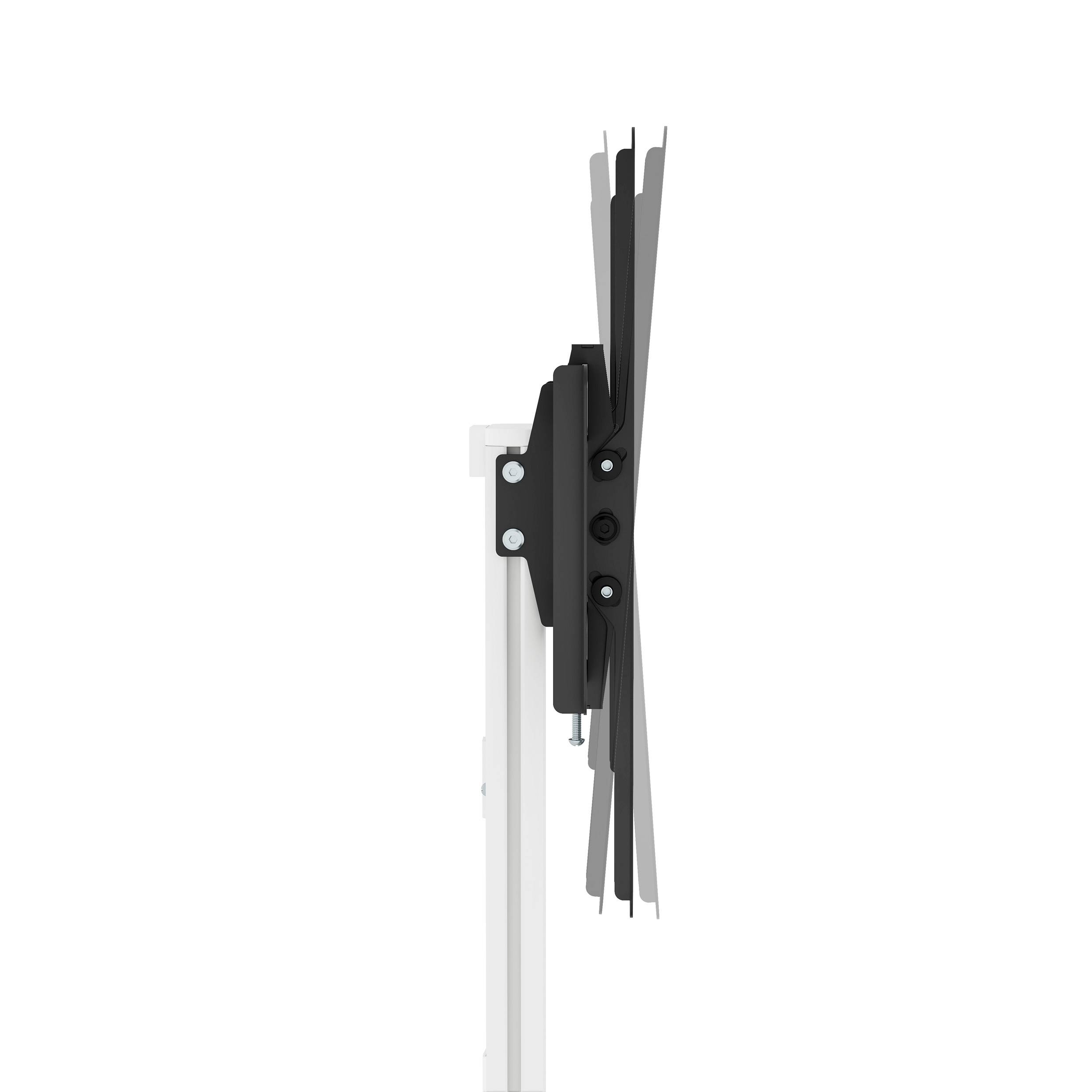 Zijaanzicht van een zwarte metalen beugel, stevig bevestigd aan een witte verticale stang, met verstelbare armen.