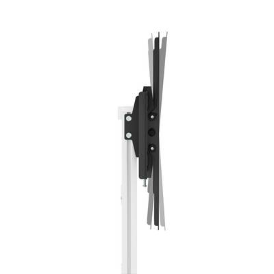 Zijaanzicht van een zwarte metalen beugel, stevig bevestigd aan een witte verticale stang, met verstelbare armen.