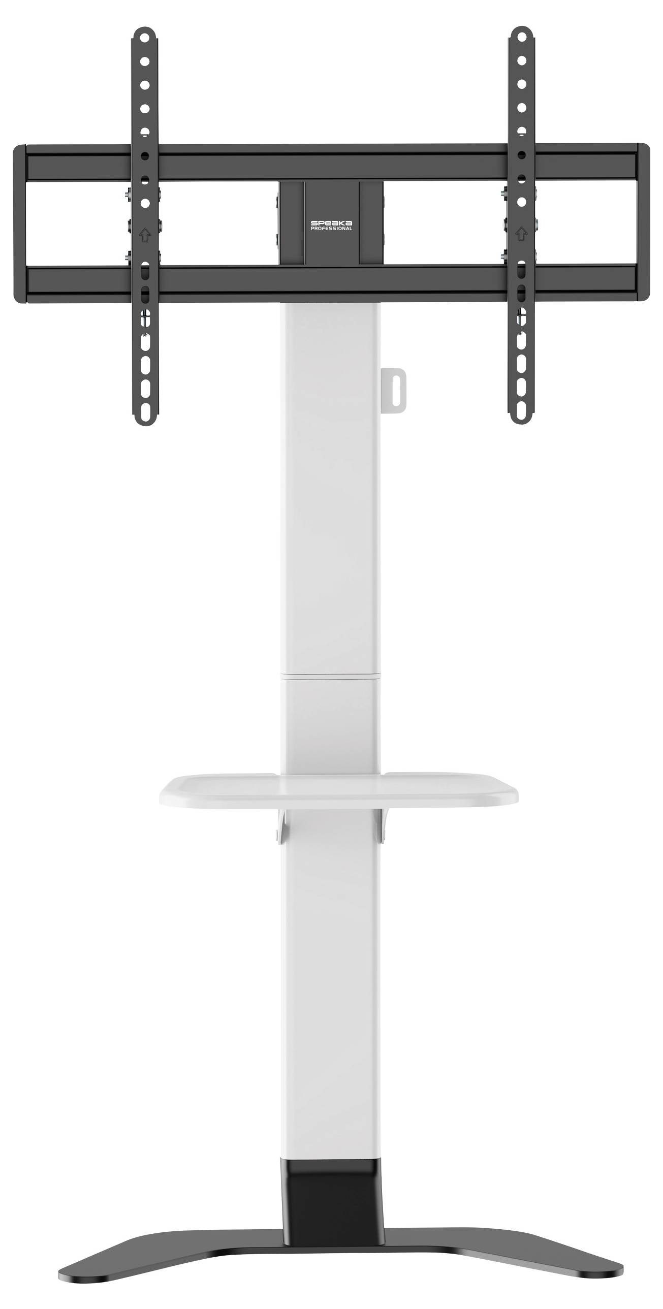 Een witte tv-standaard met zwarte beugel, geschikt voor flatscreens. Bevat een plank eronder, geschikt voor apparaten.