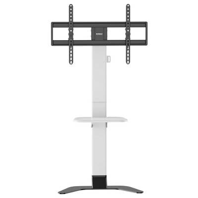 Een witte tv-standaard met zwarte beugel, geschikt voor flatscreens. Bevat een plank eronder, geschikt voor apparaten.