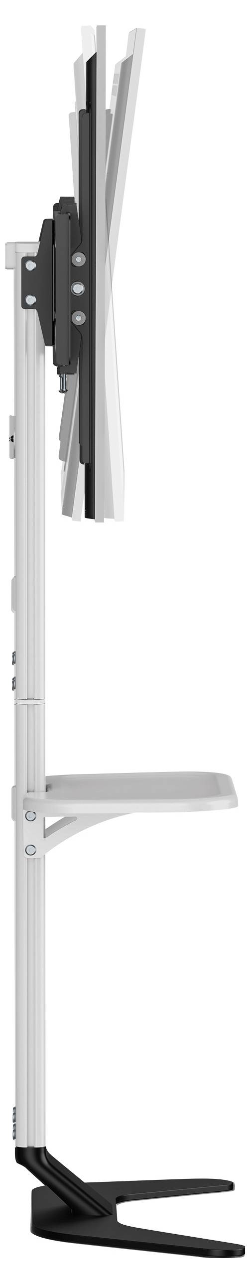 Hoogte verstelbare monitorarm, zijaanzicht, toont verticale kantelverstelling en robuuste basis.