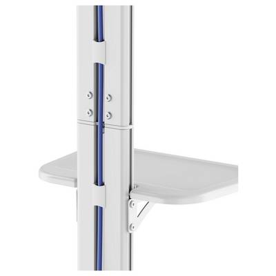 Kabelbeheersysteem met verticale rail, geïntegreerd rek en kabelhouders, gemonteerd aan een witte werkplek.