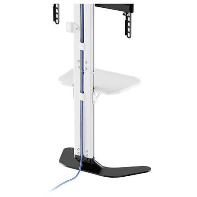 Been van een wit metalen frame met een zwarte voet, blauwe kabelgoot loopt verticaal langs het frame.