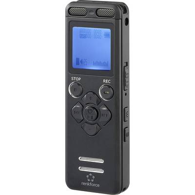 Een digitale audiorecorder met microfoon, verlicht display en bedieningsknoppen voor het opnemen en afspelen van audio-inhoud.