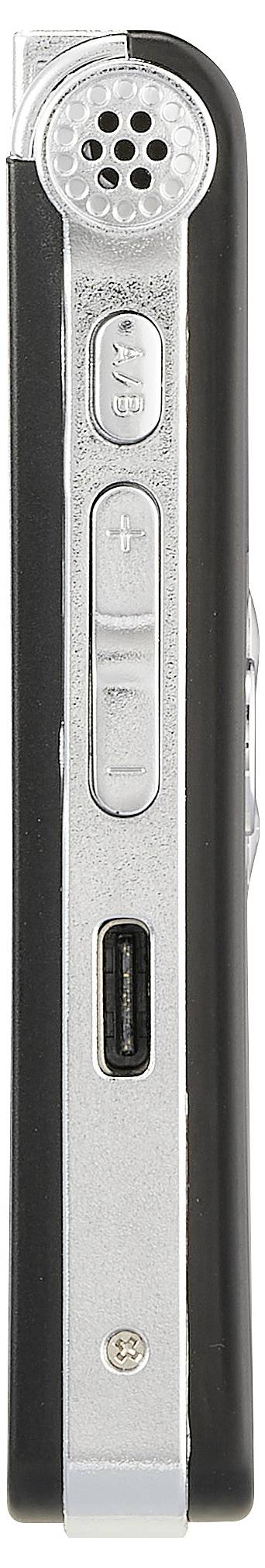 Dictafoon in zijaanzicht met microfoonopening bovenaan, bedieningsknoppen en USB-aansluiting.