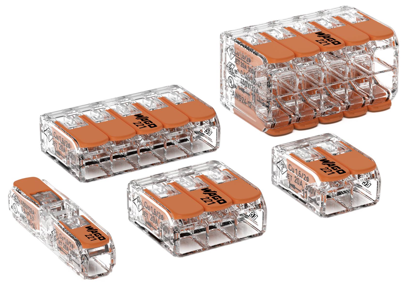 Verschillende transparante stekklemmen met oranje hendels, geschikt voor elektrotechnische installaties. Verschillende formaten zichtbaar.
