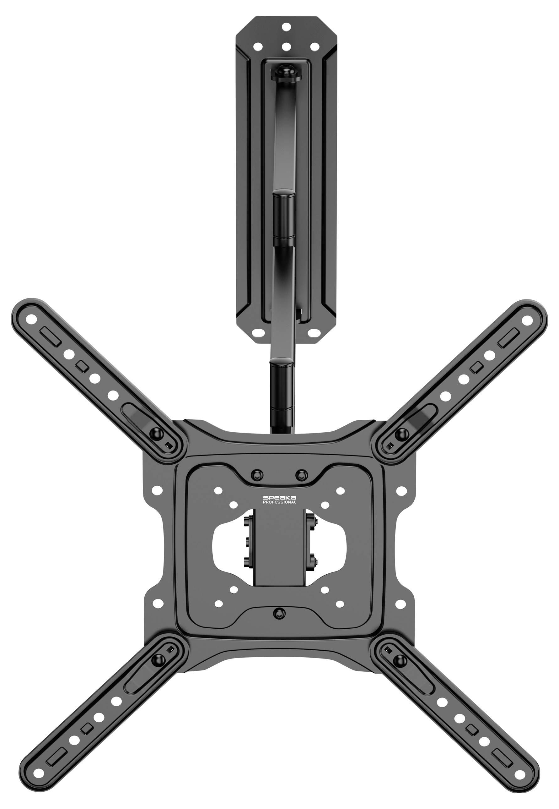 Wandsteun voor een tv of monitor, in rechthoekig ontwerp met een scharnierende arm voor flexibele positionering.