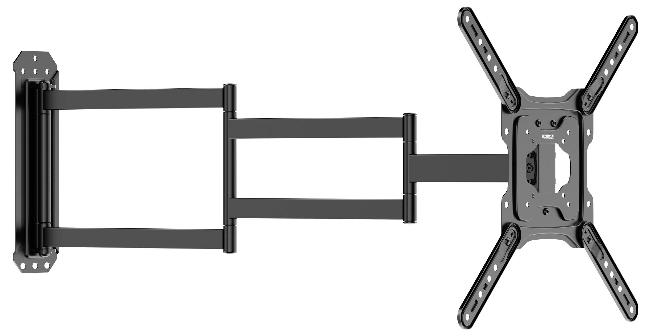 Draaibare tv-wandbeugel met uittrekbare arm, maakt flexibele positionering mogelijk. Geschikt voor verschillende schermformaten.