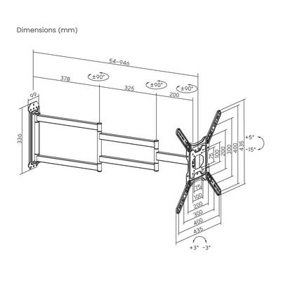 Afbeelding van een TV-wandbeugel-diagram met afmetingen in millimeters. Toont verstelbare kantelhoeken en beweegbare armen.