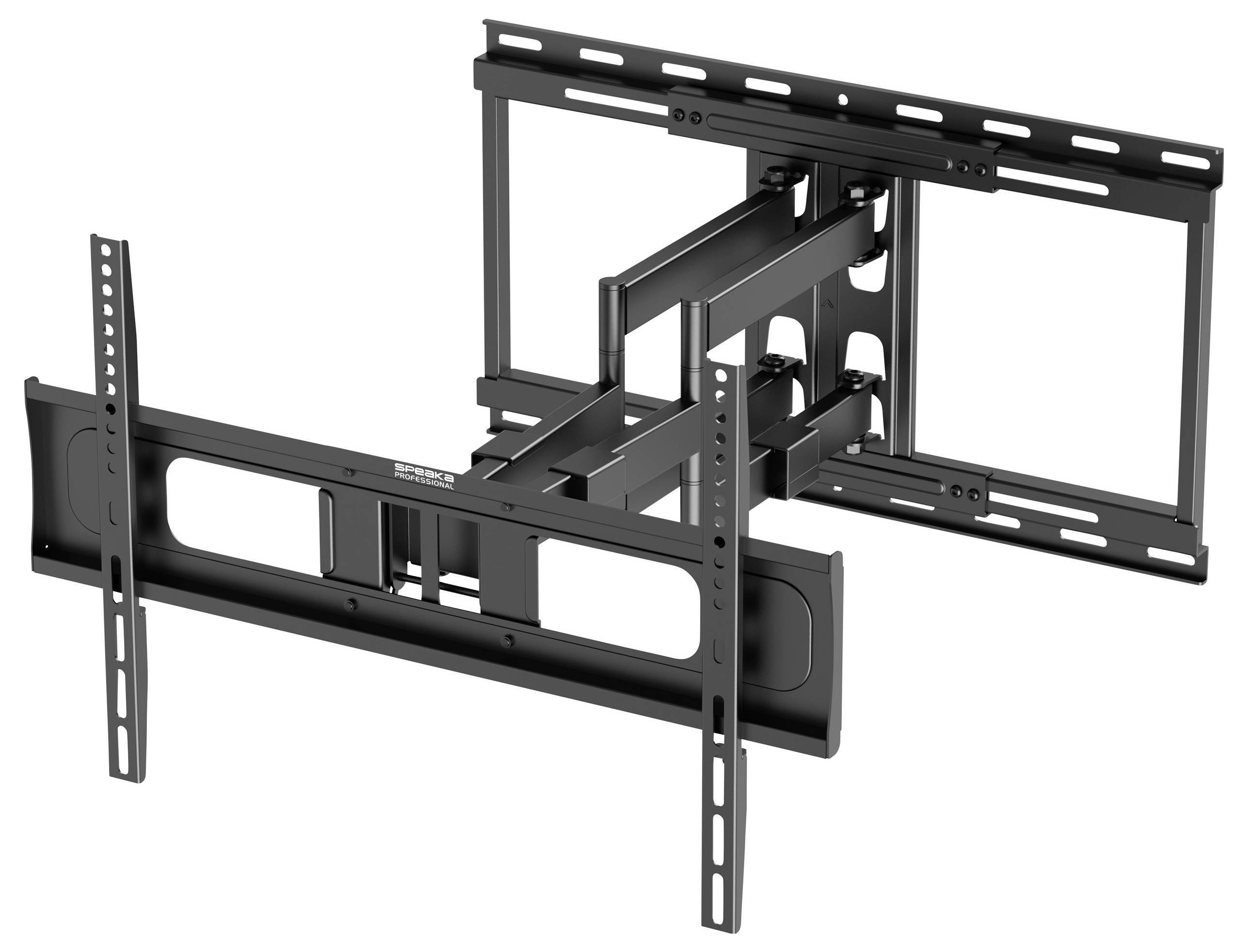 Wandsteun voor tv, draai- en kantelbaar, geschikt voor verschillende schermformaten. Robuuste metalen constructie.