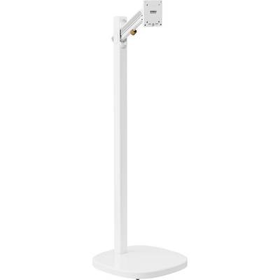 Witte metalen standaard met rechthoekige steun bovenaan, geschikt voor het bevestigen van monitors of schermen.