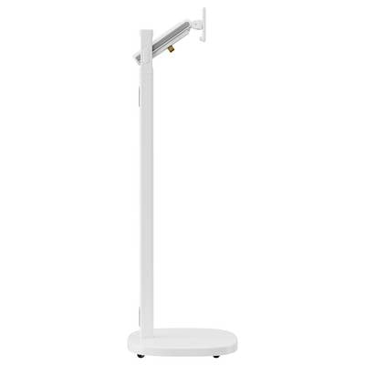 Een witte, verticale metalen standaard met een verstelbare houder bovenaan, waarschijnlijk bedoeld voor een technisch apparaat of een scherm.