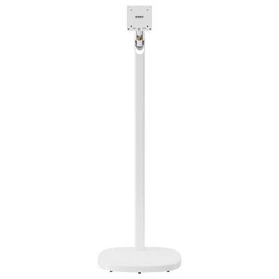 Een witte standvoet met een rechthoekige plaat bovenaan, geschikt voor het bevestigen van een beeldscherm of apparaat.