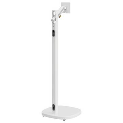 Een witte, in hoogte verstelbare monitorstandaard met een solide, rechthoekige voet en een kantelbare arm voor het positioneren van het beeldscherm.