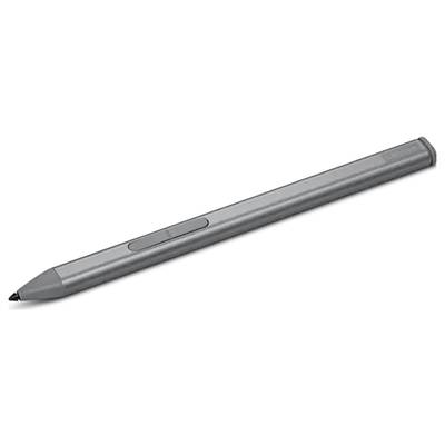 Een zilveren stylus-pen met twee knoppen aan de zijkant, die schuin ligt op een oppervlak.