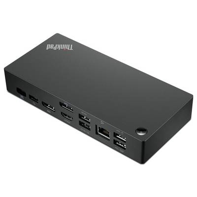 Een zwarte 'ThinkPad' dockingstation met meerdere USB-, HDMI- en Ethernetpoorten, gebruikt voor het aansluiten van verschillende apparaten op een laptop.