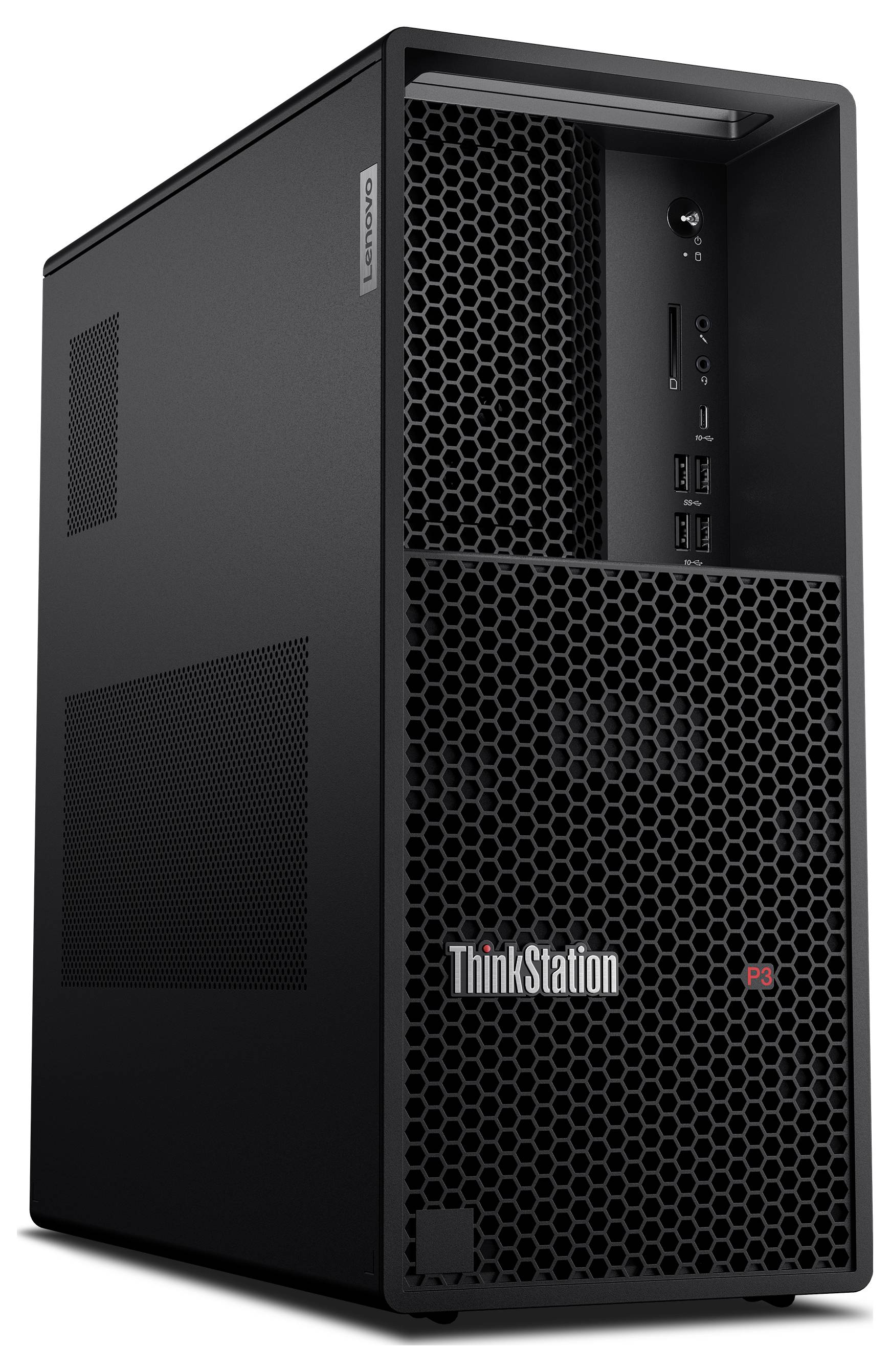 Een zwarte computer-toren met het opschrift 'ThinkStation' aan de voorkant. Bevat meerdere USB-poorten en een ventilatierooster.