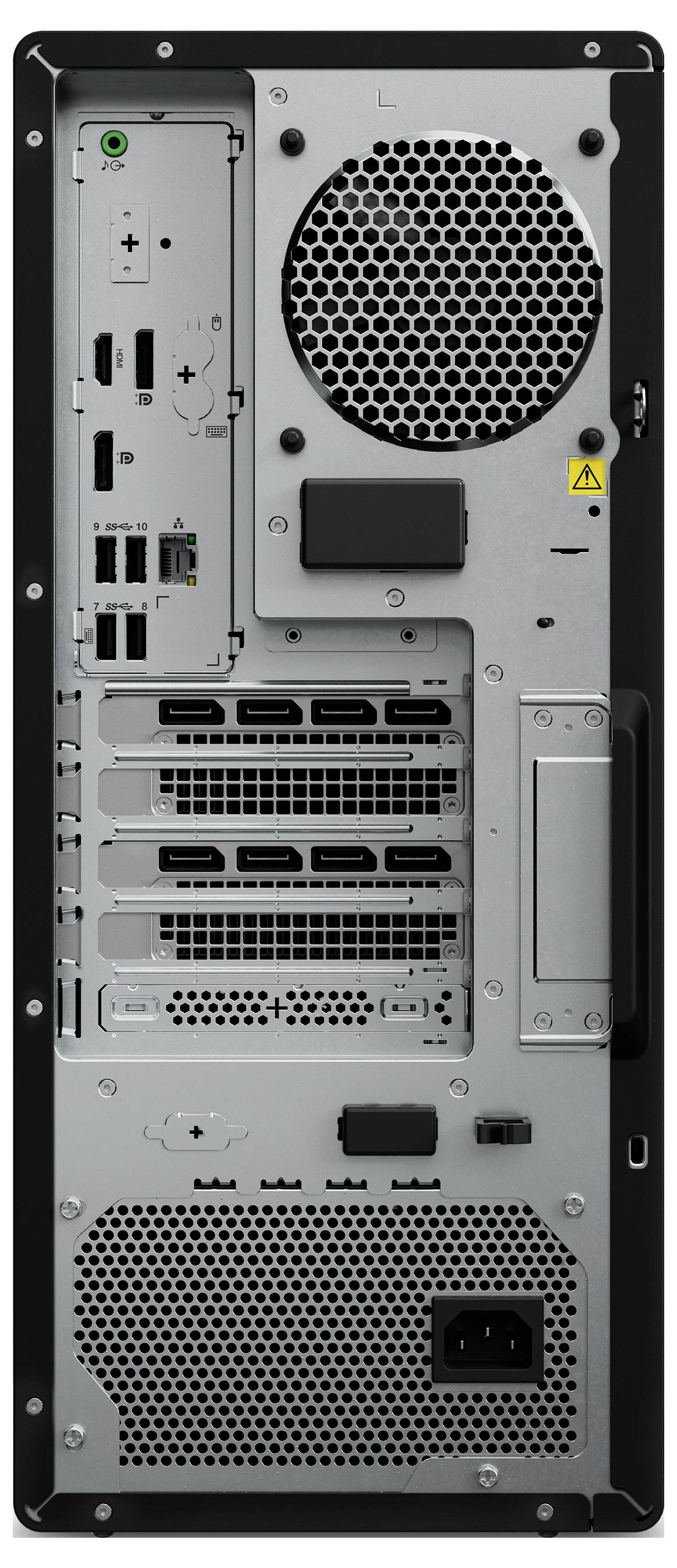 Achterkant van een desktopcomputer. Verschillende aansluitingen, ventilatierooster en uitbreidingssleuven zichtbaar.