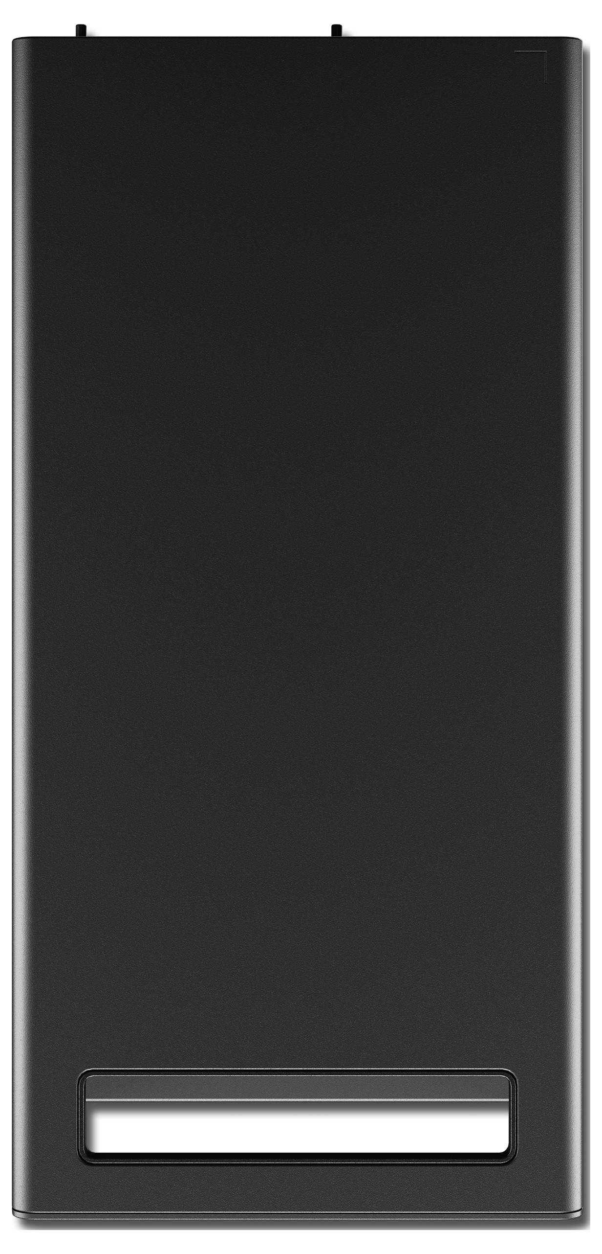 Een zwart rechthoekig elektronisch apparaat met een gladde oppervlakte en een horizontale opening onderaan.