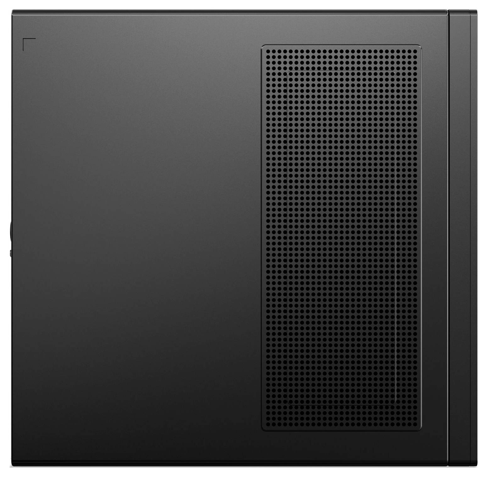 Zijaanzicht van een zwarte computerbehuizing met geventileerd rooster. Minimalistisch design, geen zichtbare merktekens.