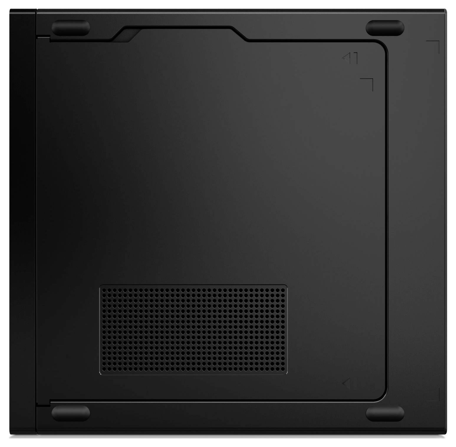 Eenvoudige zwarte computerbehuizing met rechthoekige geventileerde roosteruitsparing; geen verdere zichtbare details.