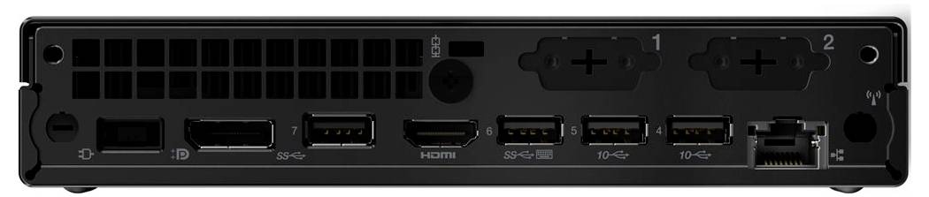 De achterkant van een technisch apparaat met aansluitingen: USB, HDMI, netwerkpoort en twee uitbreidingsslots.