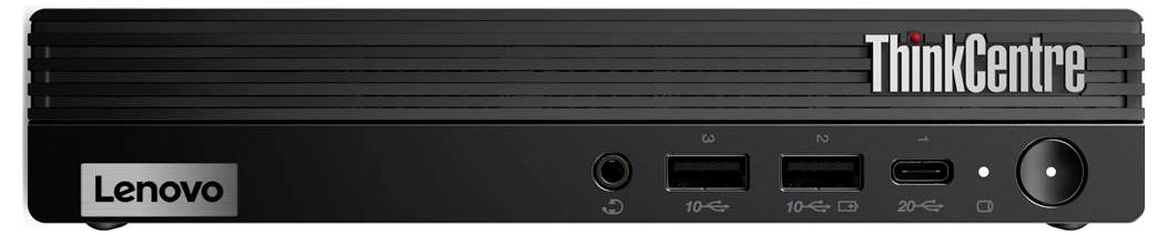 Een zwarte Lenovo ThinkCentre Mini-PC, vooraanzicht met logo. Bevat USB-poorten, hoofdtelefoonaansluiting en aan/uit-knop.