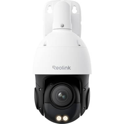 Een wit en zwart beveiligingscamera van het merk 'Reolink' is gemonteerd op een wandsteun, met twee lampen onder de lens.