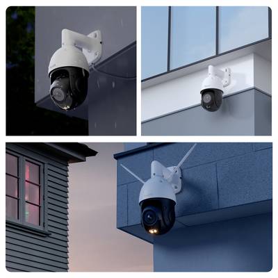 Drie bewakingscamera's bevestigd aan de buitenkanten van gebouwen onder verschillende hoeken: muurbevestigde en koepelvormige camera's voor beveiligingstoezicht.