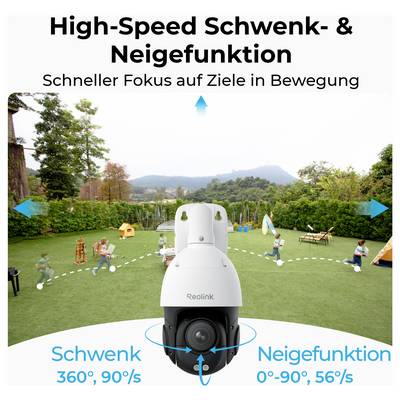 Een beveiligingscamera op een gazon, met tekst die de volgende kenmerken benadrukt: 'Snel Pan & Tilt', 'Gericht op Bewegende Doelen', pan 360°, tilt 90°.