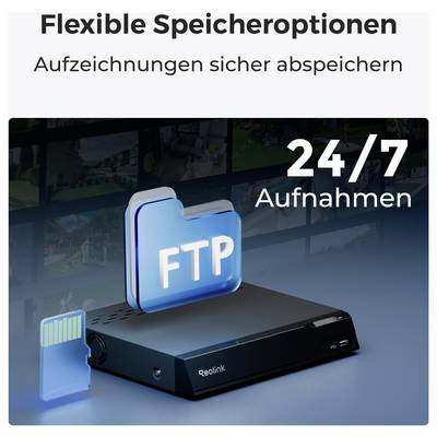 Een Reolink NVR-apparaat ondersteunt FTP en geheugenkaart voor 24/7 opnameopslag. De Duitse tekst benadrukt flexibele, veilige opties.