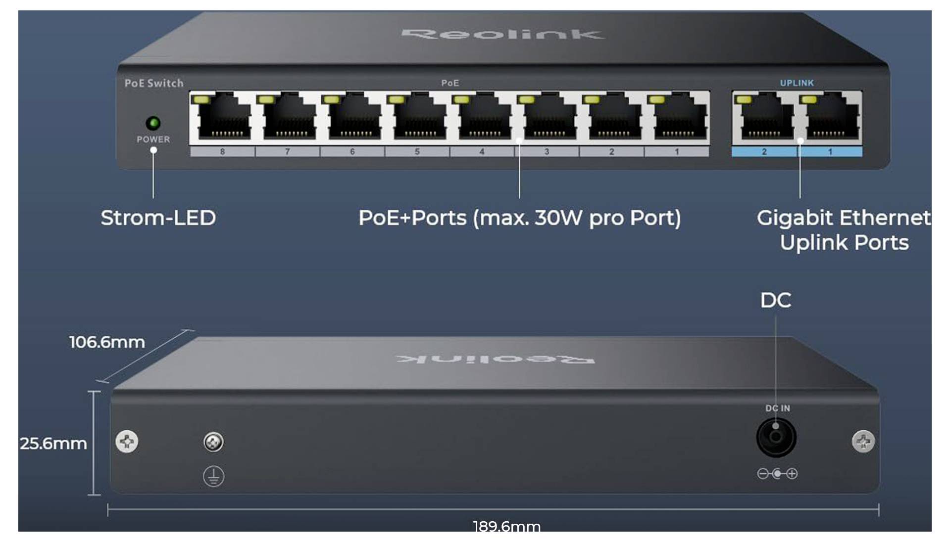 'Netwerkomschakelaar met 8 PoE-poorten (elk 30W), 2 Gigabit-uplink-poorten, afmetingen: 189,6 mm x 106,6 mm x 25,6 mm, stroom-LED, DC-ingang.'