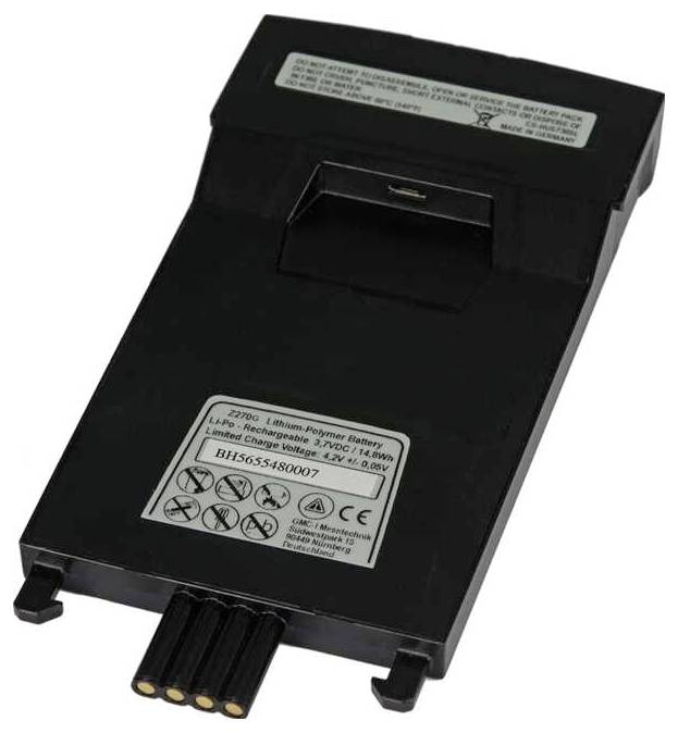 Zwarte lithium-polymeer-batterij met vijf contactpennen, technische specificaties en waarschuwingen op twee etiketten.