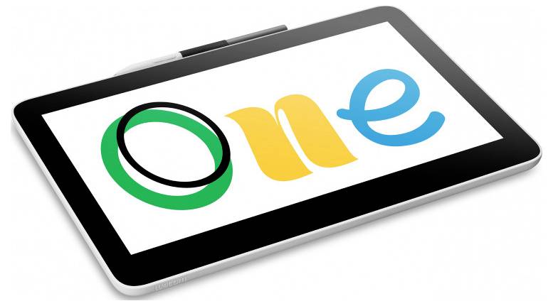 Een grafisch tablet met een groot display toont het woord 'One' in kleurrijke letters.