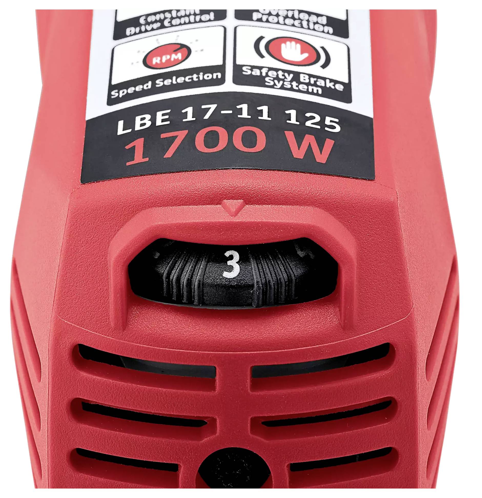 Elektrisch gereedschap met een rood behuizing, toont vermogensgegevens '1700 W' en snelheid '3'. Bedieningsknop voor snelheidselectie zichtbaar.