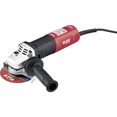Een rode en zwarte haakse slijpmachine van FLEX met een trekschakelaar en een roterend slijpschijf. Hij is bedraad.
