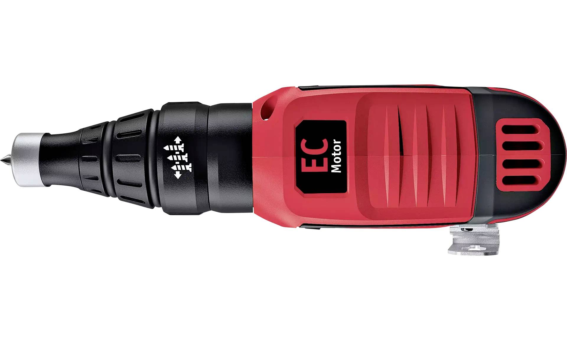 Een rood-zwarte elektrische schroevendraaier met de tekst 'EC Motor' op de zijkant.