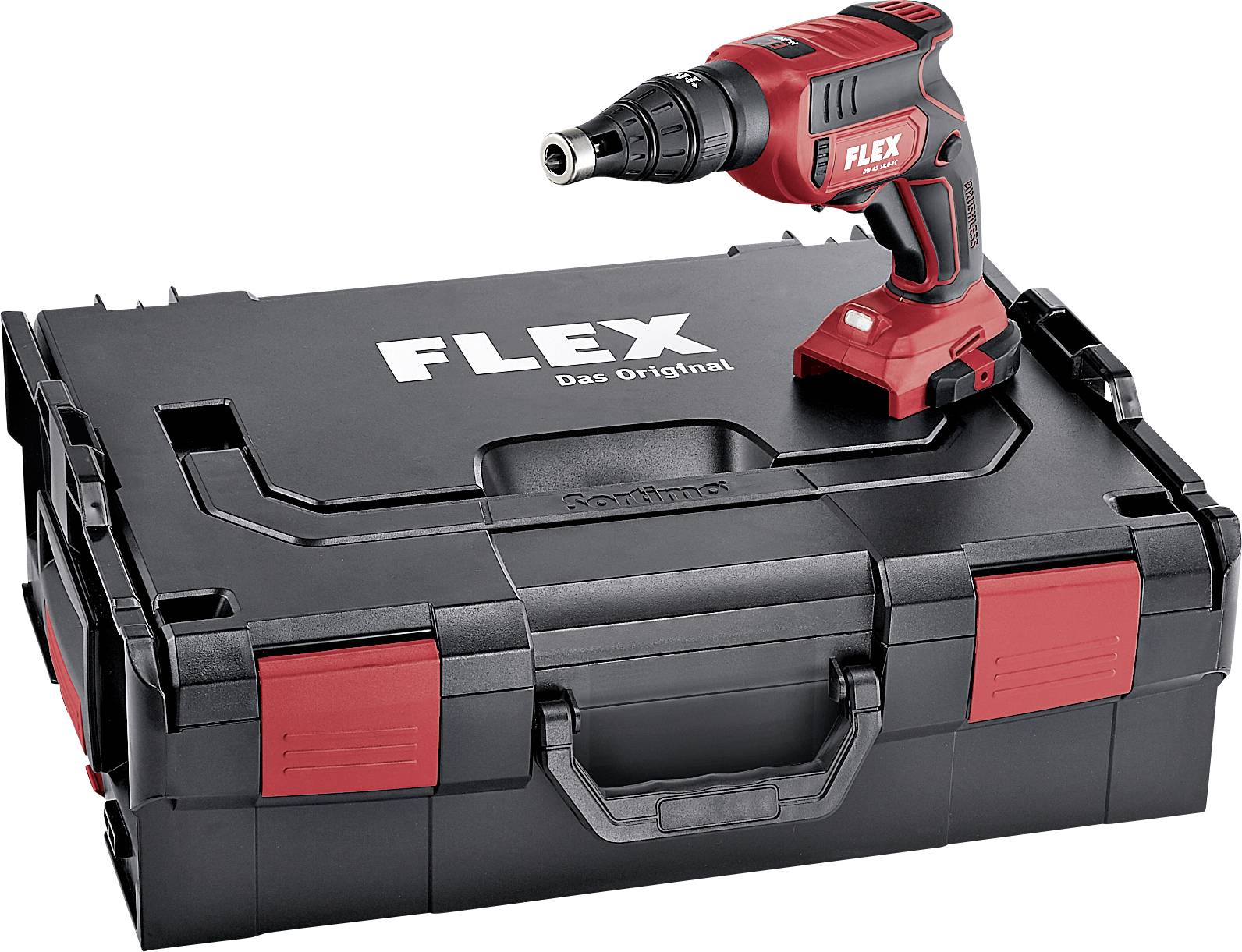 Accuschroefmachine op een zwarte gereedschapskoffer met rode accenten, merk 'FLEX'.