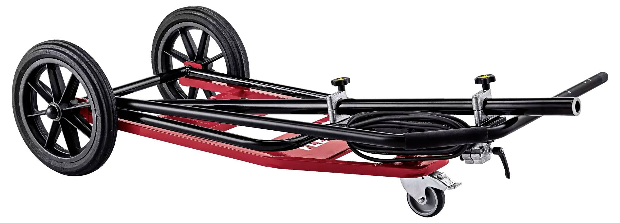 Een rode wagen met vier wielen, waarvan een zwenkbaar voorwiel, en een zwart buisframe. Ideaal voor het transport van zware ladingen.