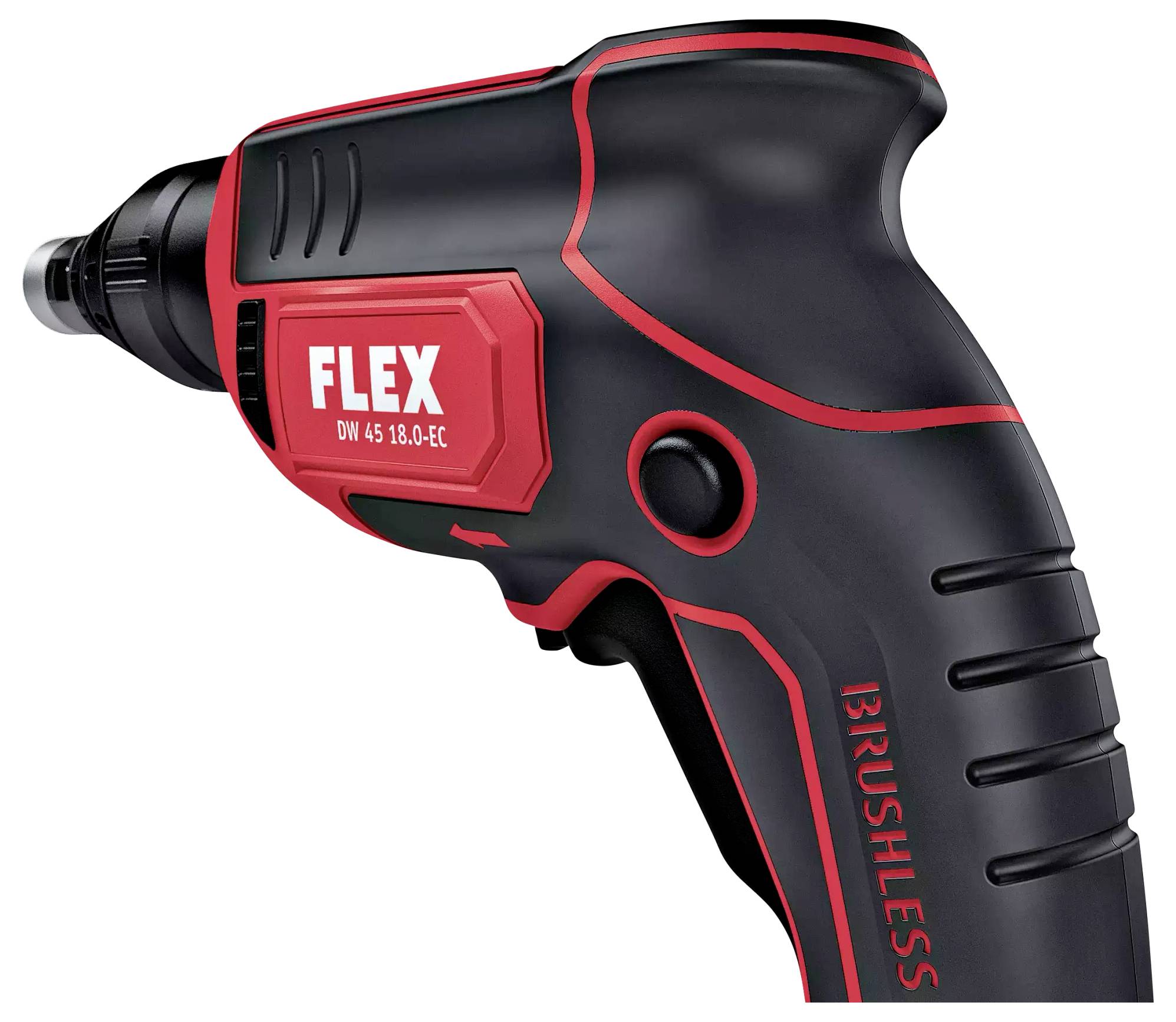 Accuschroevendraaier met zwarte behuizing en rode accenten, merk 'FLEX', model 'DW 45 18.0-EC', ergonomisch ontwerp.