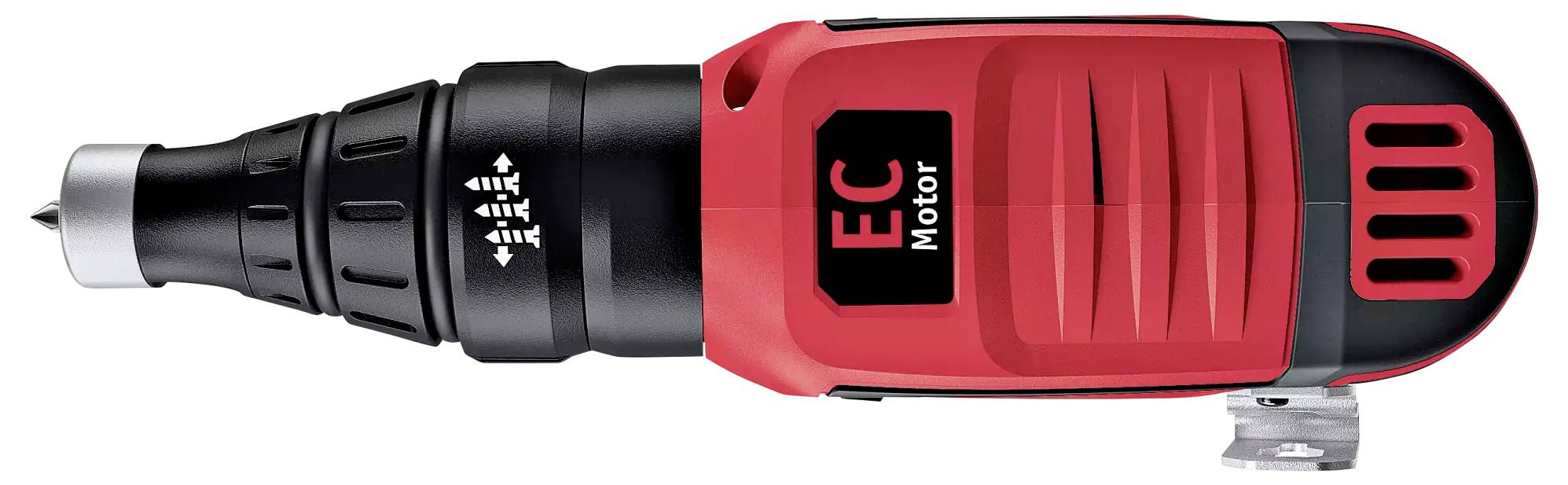 Elektrische schroevendraaier, rood-zwart, met 'EC Motor'-opschrift, toont een ergonomische handgreep en een robuiste behuizing voor precisiewerk.