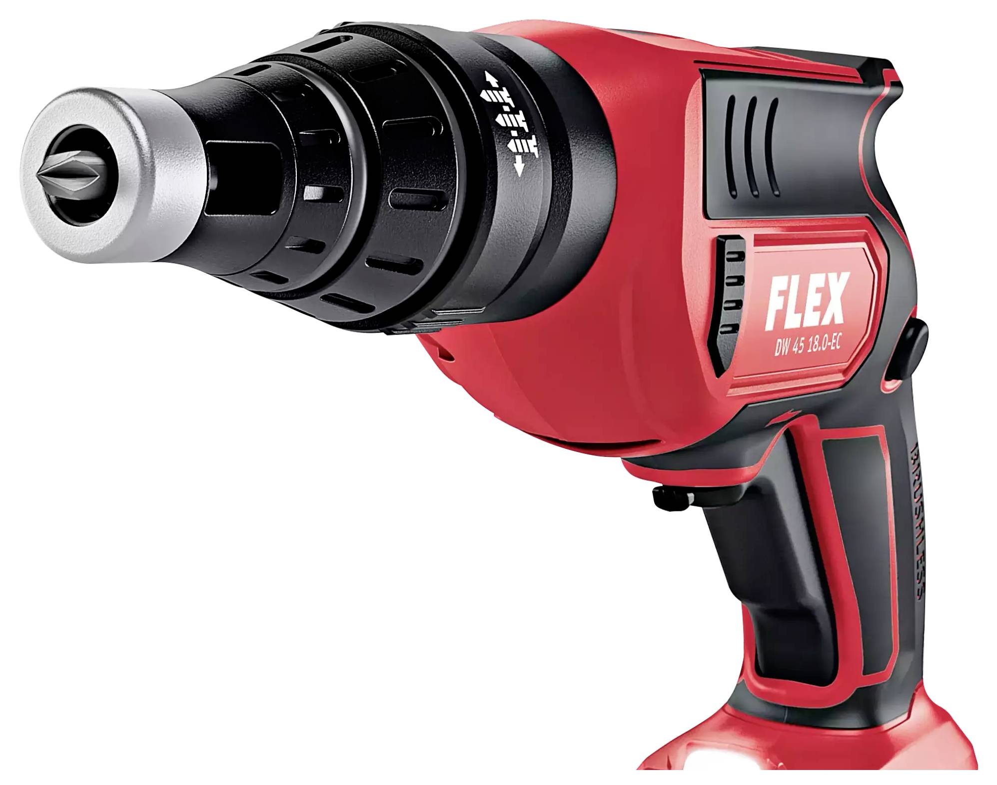 Een rode, snoerloze accuschroefmachine van het merk 'Flex', met zwarte handgreep en zilveren boorkop, bedoeld voor ambachtelijke werkzaamheden.