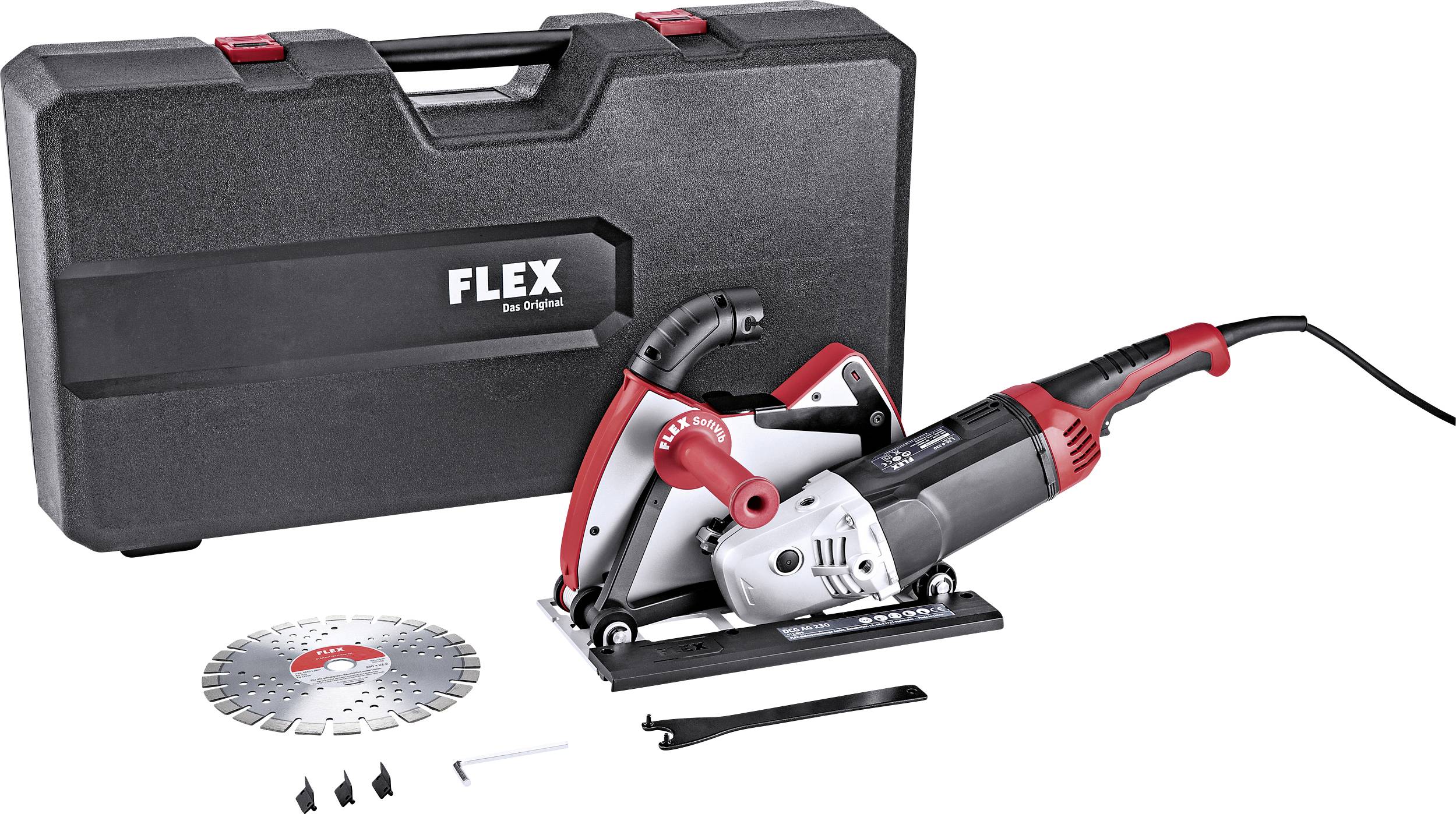 Haakse slijper-set met zwarte koffer. Bevat een schijf, schroeven, gereedschap en een 'Flex'-logo op de koffer.