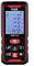 Laser-afstandsmeter met digitaal display, toont 1472 m en andere metingen. Rode en zwarte toetsen onderaan voor bediening.