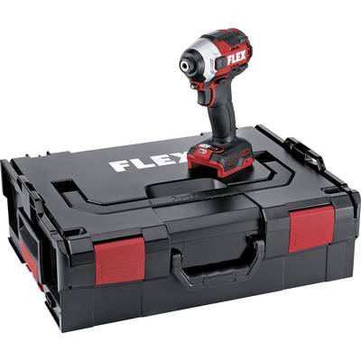 Accuschroevendraaier en koffer van het merk Flex, zwart-rood, op een grijze achtergrond.