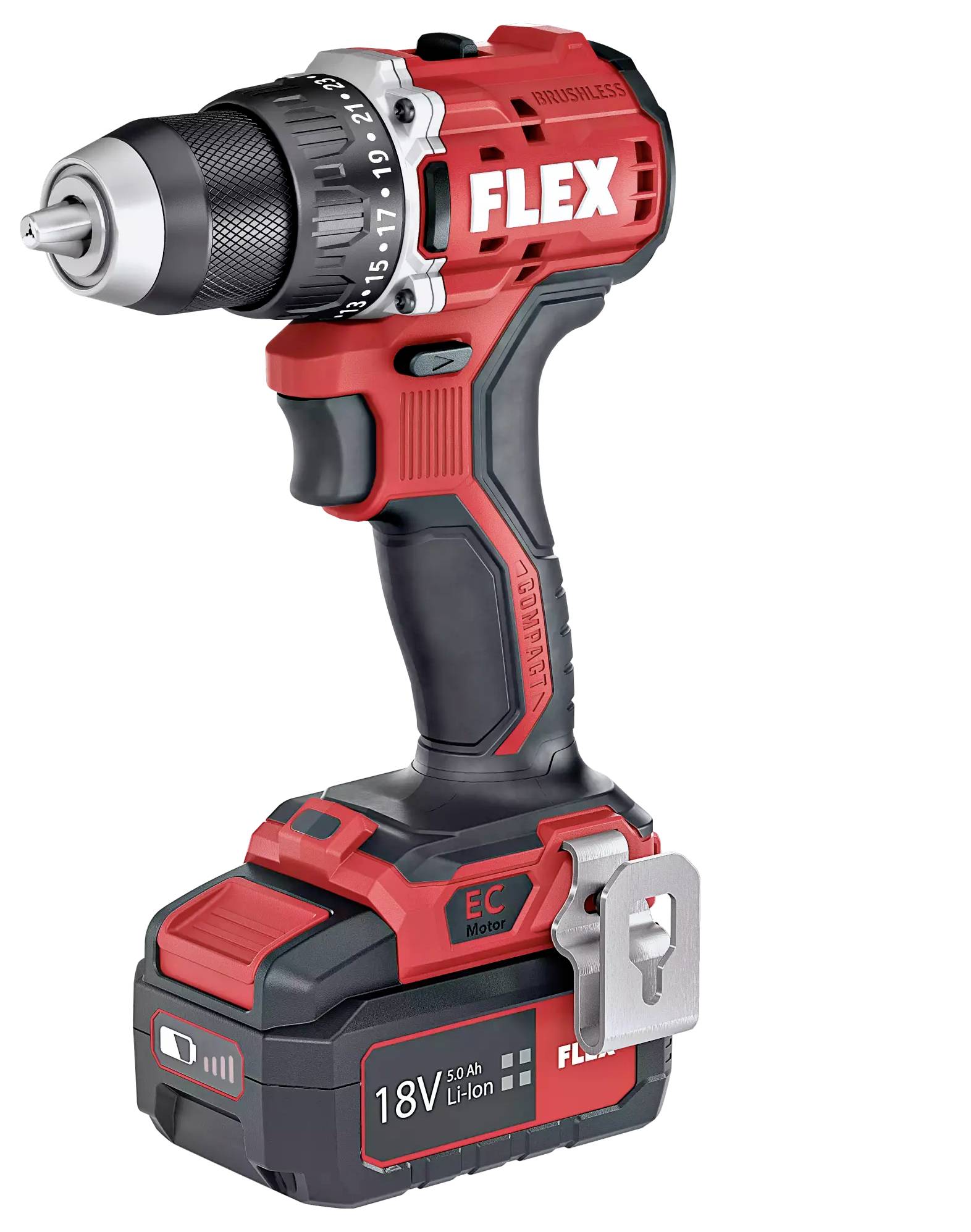 Accuboormachine in rood en zwart met het opschrift 'FLEX'. Hij beschikt over een 18V lithium-ion accu en is compact ontworpen.