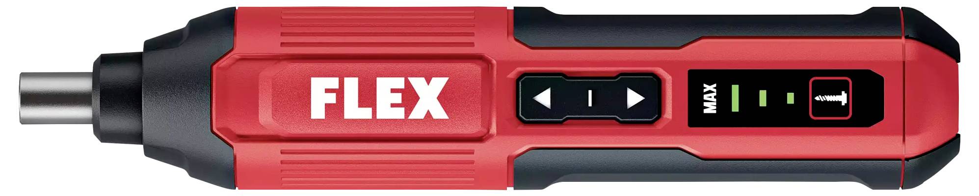 Accuschroefmachine in rood en zwart met 'FLEX' logo en bedieningselementen. Toont vermogensindicator met 'MAX' instelling.