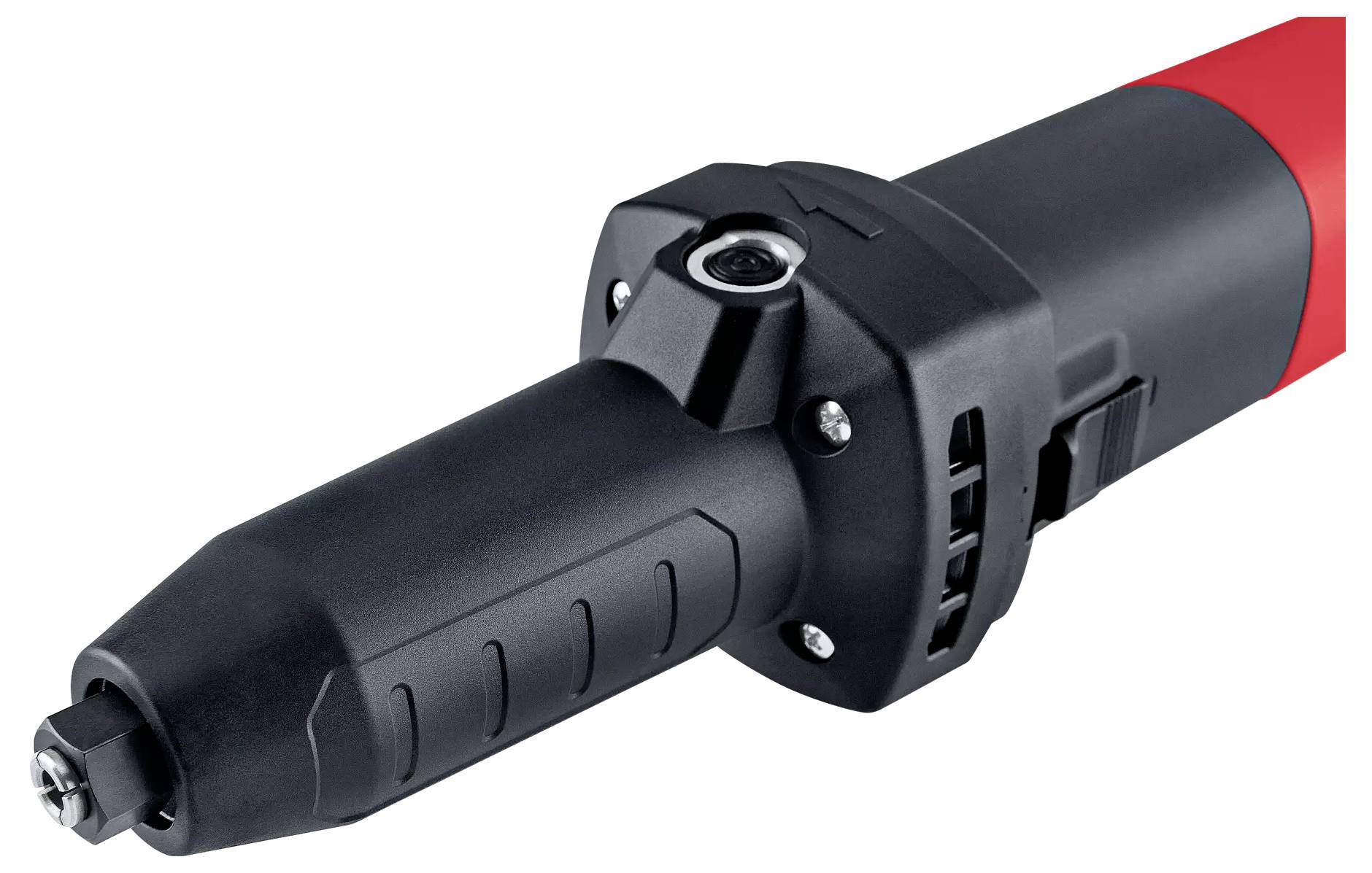 Een zwarte en rode pneumatische slijpstift met ergonomische greep, gebruikt voor het bewerken van metaaloppervlakken.