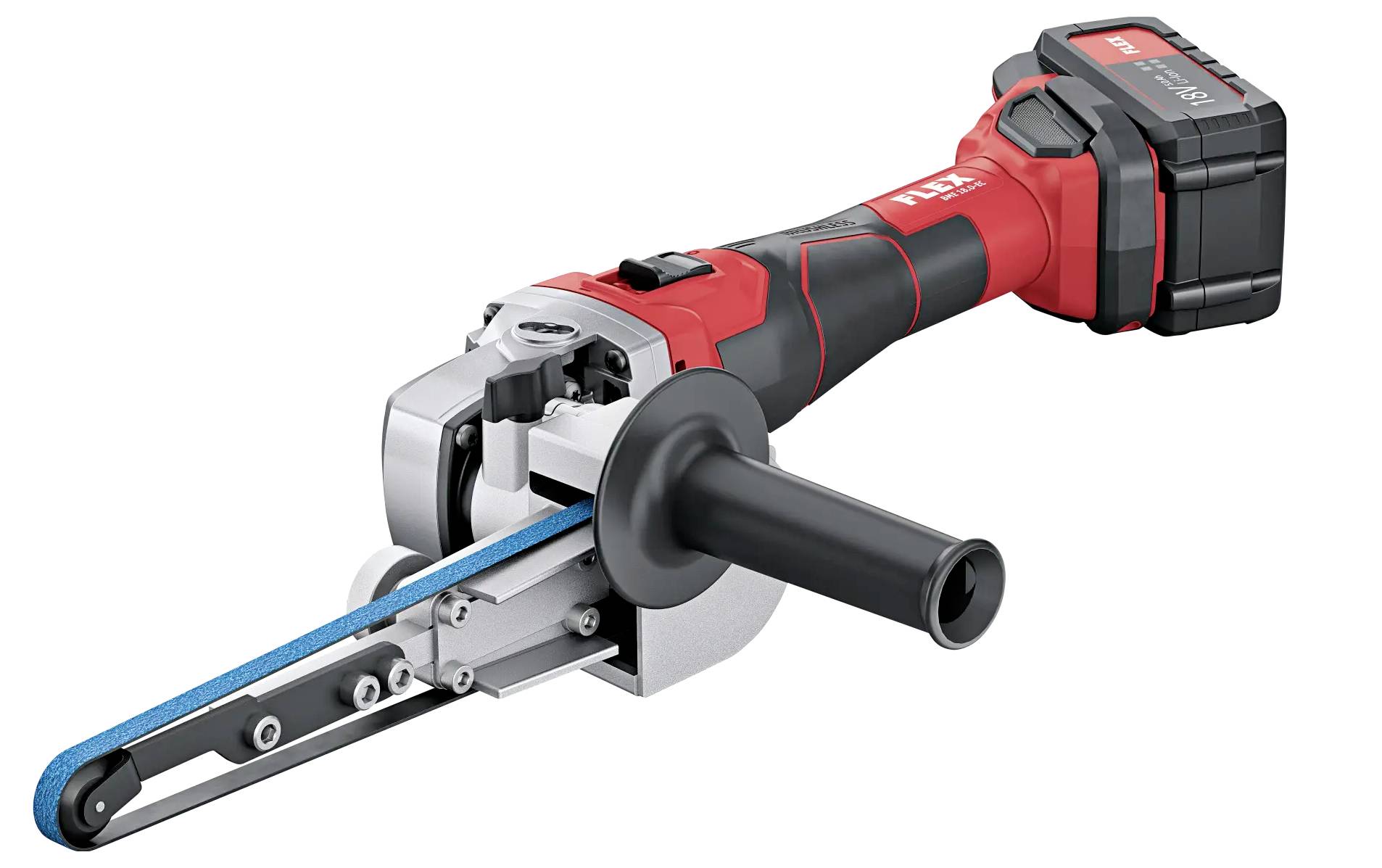 De bandschuurmachine is een accugedreven, handmatig gereedschap met een behuizing in rood en zwart, geschikt voor nauwkeurig schuren.